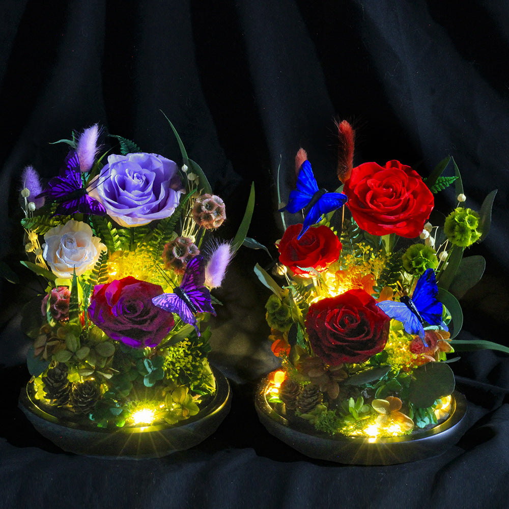 Surprise Preserved Rose Gift Box — Butterfly Glass Dome Everlasting Flower Art Ornament — A Perfect Birthday Gift for Your Girlfriend