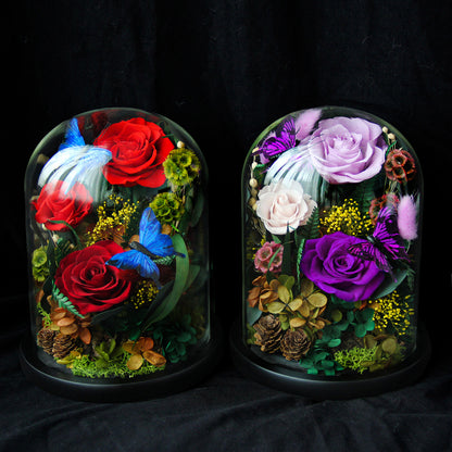 Surprise Preserved Rose Gift Box — Butterfly Glass Dome Everlasting Flower Art Ornament — A Perfect Birthday Gift for Your Girlfriend