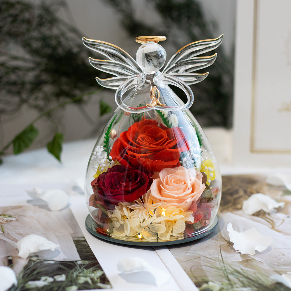Cartoon-Themed Preserved Flower Glass Dome — Everlasting Rose Display & Creative Valentine's Day Gift Box