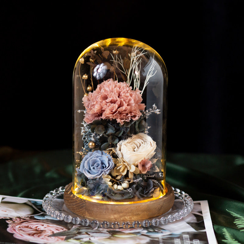 Preserved Flower Art Ornament in a Glass Dome — Featuring Carnations and Roses — An Exquisite Gift for Mothers and Teachers
