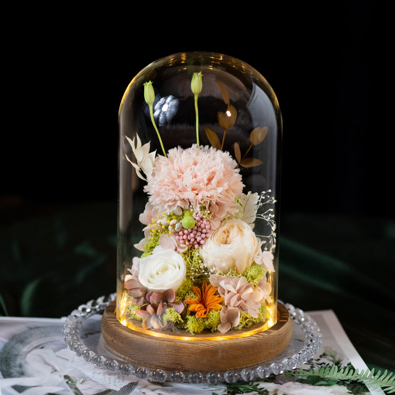 Preserved Flower Art Ornament in a Glass Dome — Featuring Carnations and Roses — An Exquisite Gift for Mothers and Teachers