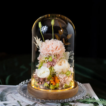Preserved Flower Art Ornament in a Glass Dome — Featuring Carnations and Roses — An Exquisite Gift for Mothers and Teachers