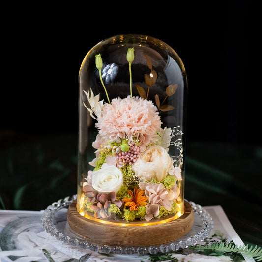 Preserved Flower Art Ornament in a Glass Dome — Featuring Carnations and Roses — An Exquisite Gift for Mothers and Teachers