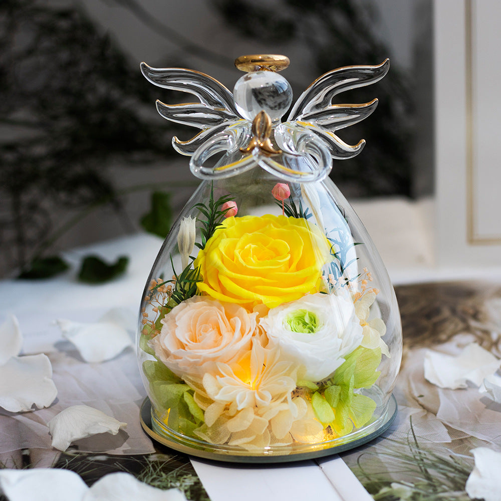 Cartoon-Themed Preserved Flower Glass Dome — Everlasting Rose Display & Creative Valentine's Day Gift Box