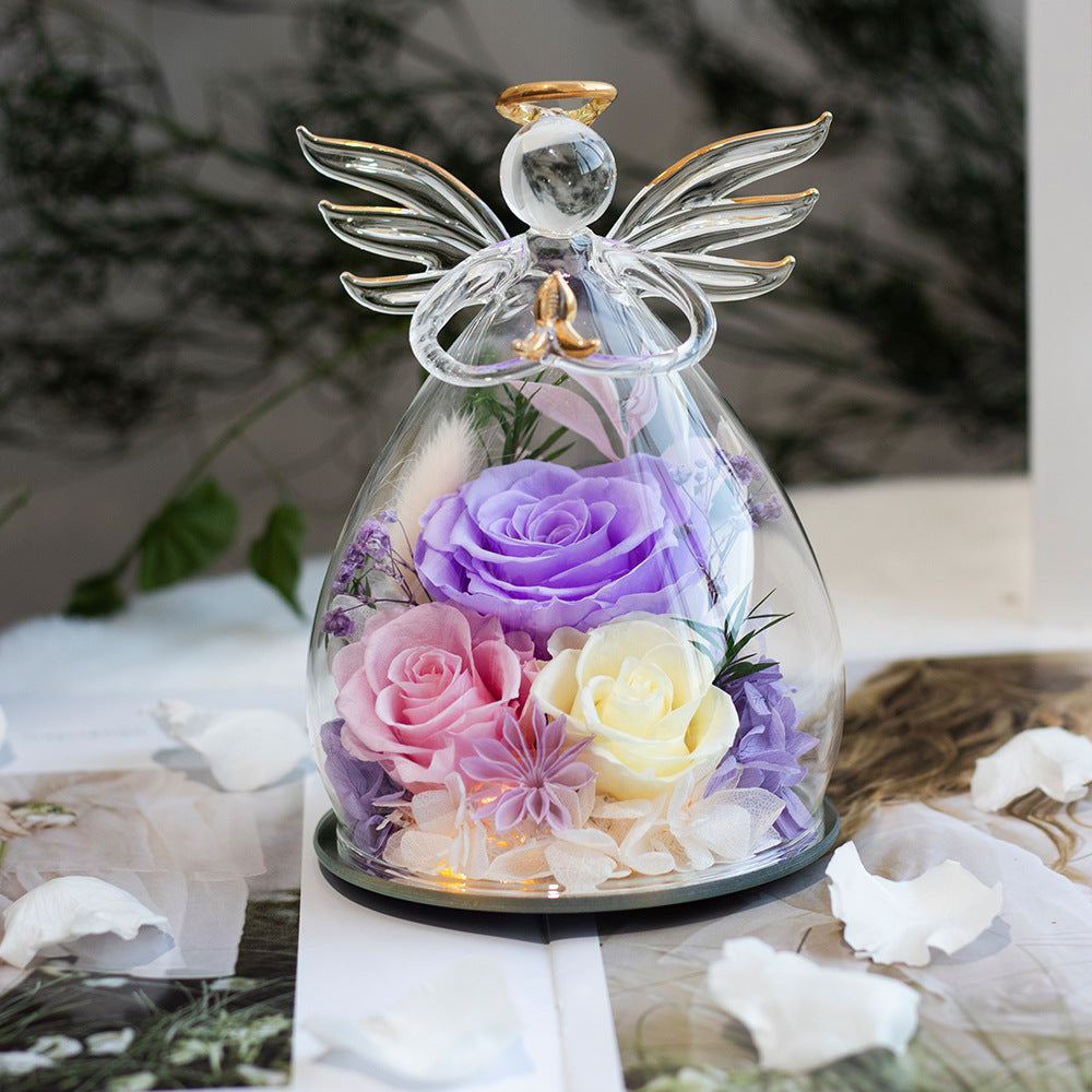 Cartoon-Themed Preserved Flower Glass Dome — Everlasting Rose Display & Creative Valentine's Day Gift Box