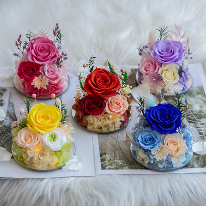 Cartoon-Themed Preserved Flower Glass Dome — Everlasting Rose Display & Creative Valentine's Day Gift Box
