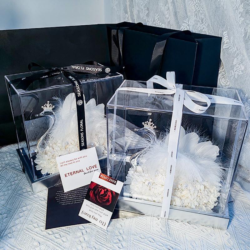 Swan-Shaped Preserved Flower Gift Box with Acrylic Mirror — Valentine's Day & Wedding Decor, Birthday Gift.