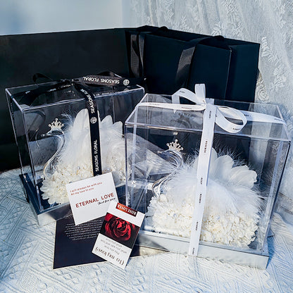 Swan-Shaped Preserved Flower Gift Box with Acrylic Mirror — Valentine's Day & Wedding Decor, Birthday Gift.