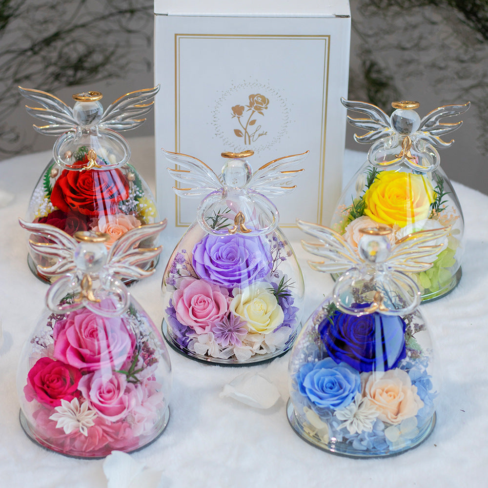 Cartoon-Themed Preserved Flower Glass Dome — Everlasting Rose Display & Creative Valentine's Day Gift Box