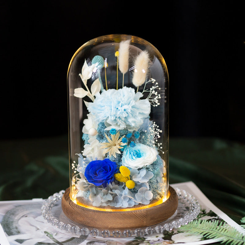 Preserved Flower Art Ornament in a Glass Dome — Featuring Carnations and Roses — An Exquisite Gift for Mothers and Teachers