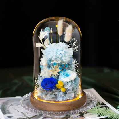 Preserved Flower Art Ornament in a Glass Dome — Featuring Carnations and Roses — An Exquisite Gift for Mothers and Teachers