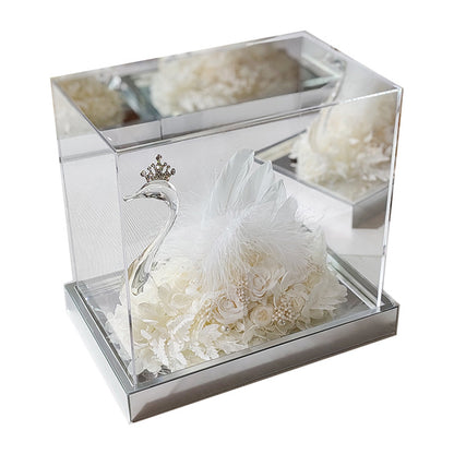 Swan-Shaped Preserved Flower Gift Box with Acrylic Mirror — Valentine's Day & Wedding Decor, Birthday Gift.