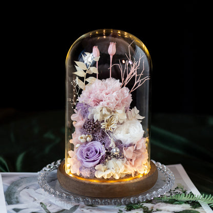 Preserved Flower Art Ornament in a Glass Dome — Featuring Carnations and Roses — An Exquisite Gift for Mothers and Teachers