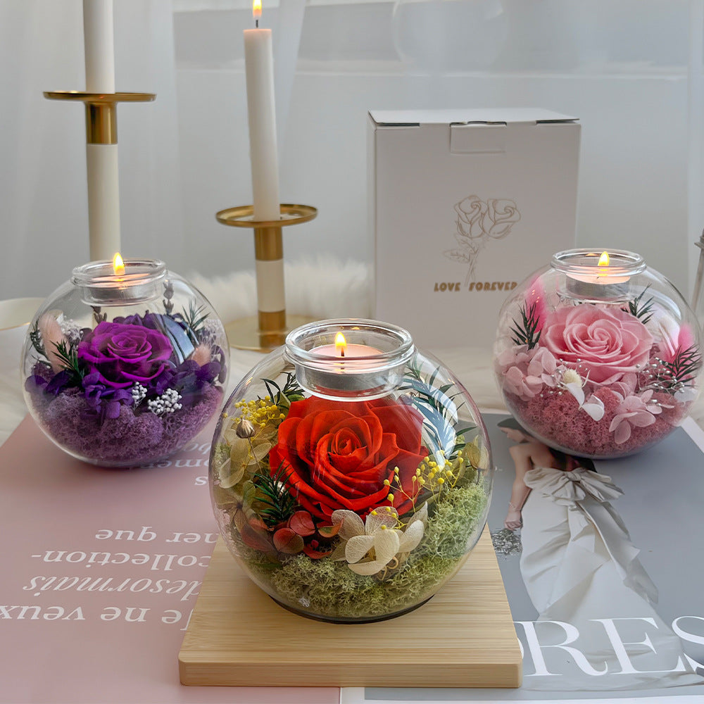 Preserved Flower Scented Candle — Rose in Glass Dome & Message Bottle — Home Decor & Ambiance Accent