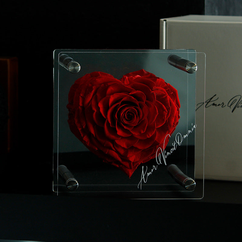 Valentine's Day Gift: Acrylic Heart-Shaped Preserved Rose with Mirror-Finish Heart Accent
